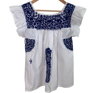 Mi Golondrina Womens Shirt Sz XS White Blue Embroidered Ruffle Flutter Top